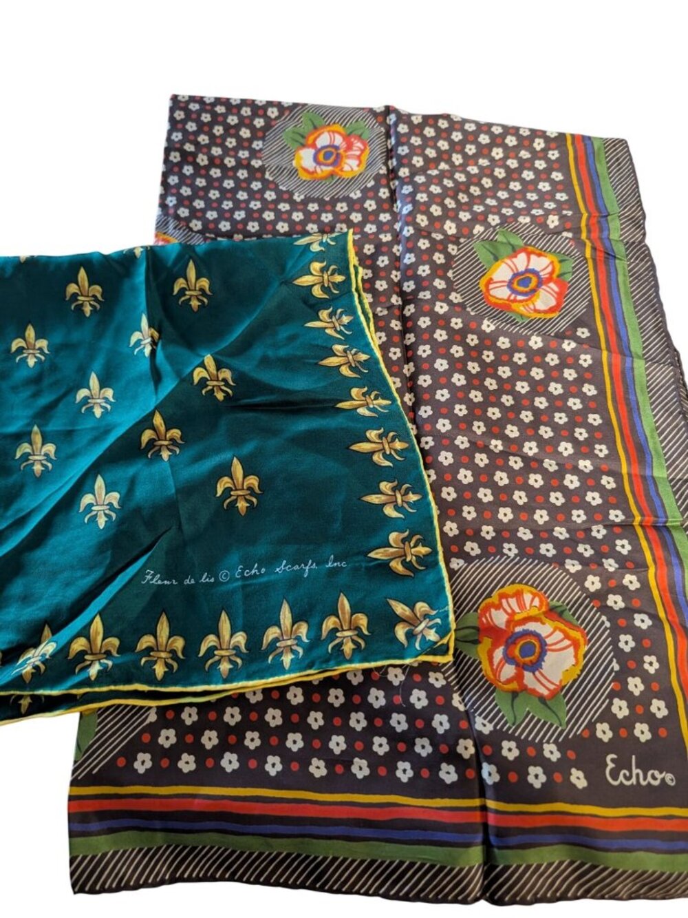 Vintage Echo Silk Floral & Fleur De Lis Scarves Set Of Two Made In Italy 100% Pu